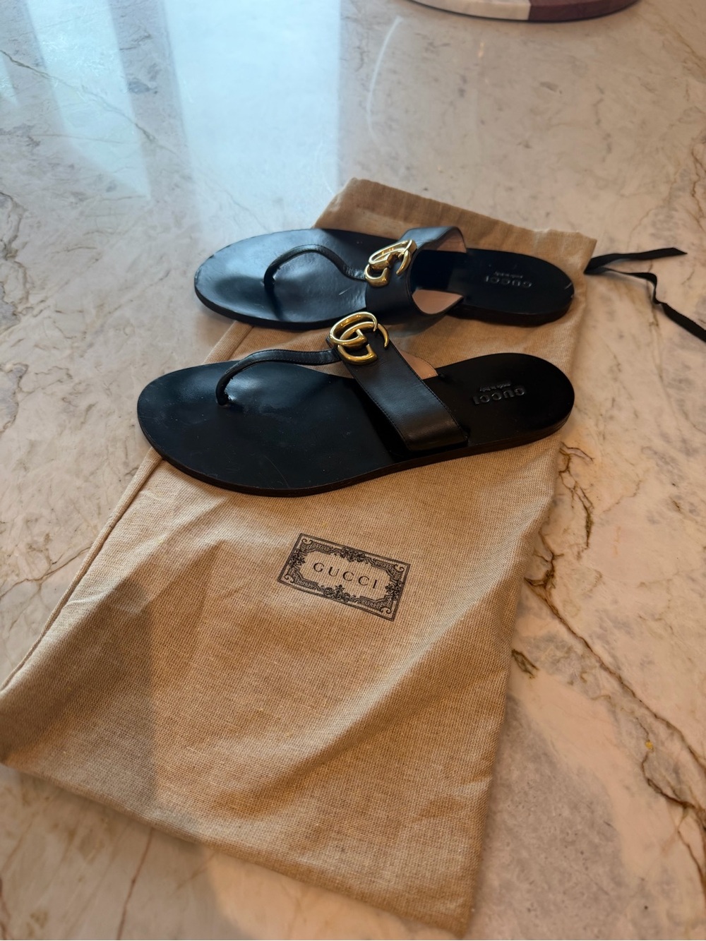 Gucci Black Leather Sandal with Gold Double G